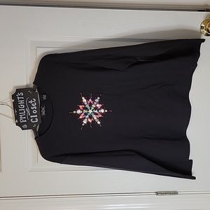 Crystal-Kobe Holiday T-Shirt XL Long Sleeve Snowflake Beaded Black